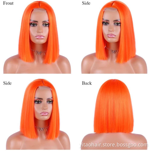Wholesale price  ginger orange Silky Straight Wig Colorful Middle Part Synthetic Hair Bob Wigs Copper Color  lace Bob wig